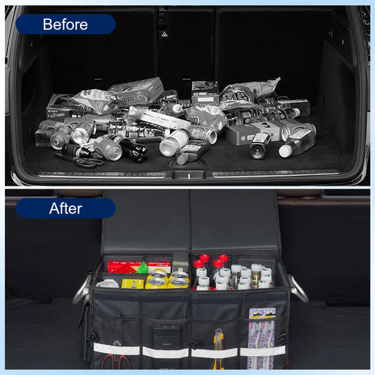 Car Trunk Organizer for SUV, Collapsible Multi Compartments Trunk Vehicle Organizer, Waterproof Car Storage Organizer with Foldable Lid, Aluminium Handle, Non Slip Bottom (Black)