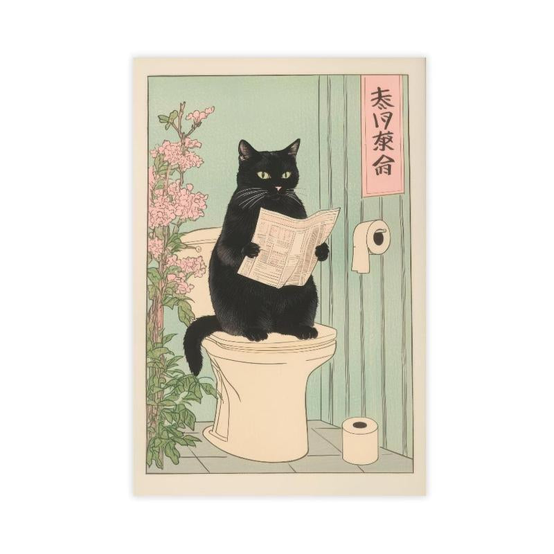 Japanese Black Cat on a Toilet Poster, Funny Bathroom Print, Toilet Poster, Japan Cat Wall Art, Aesthetic Minimalism, Neutral Japandi Print