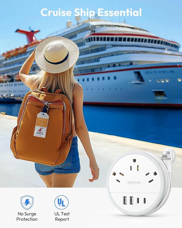 Travel Power Strip NTONPOWER, Cruise Approved Power Strip with 3 Outlets 4 USB Ports(2 USB C), 4FT Wrapped around Flat Extension Cord, Portable Power Strip for Travel Cruise Ship Essentials White