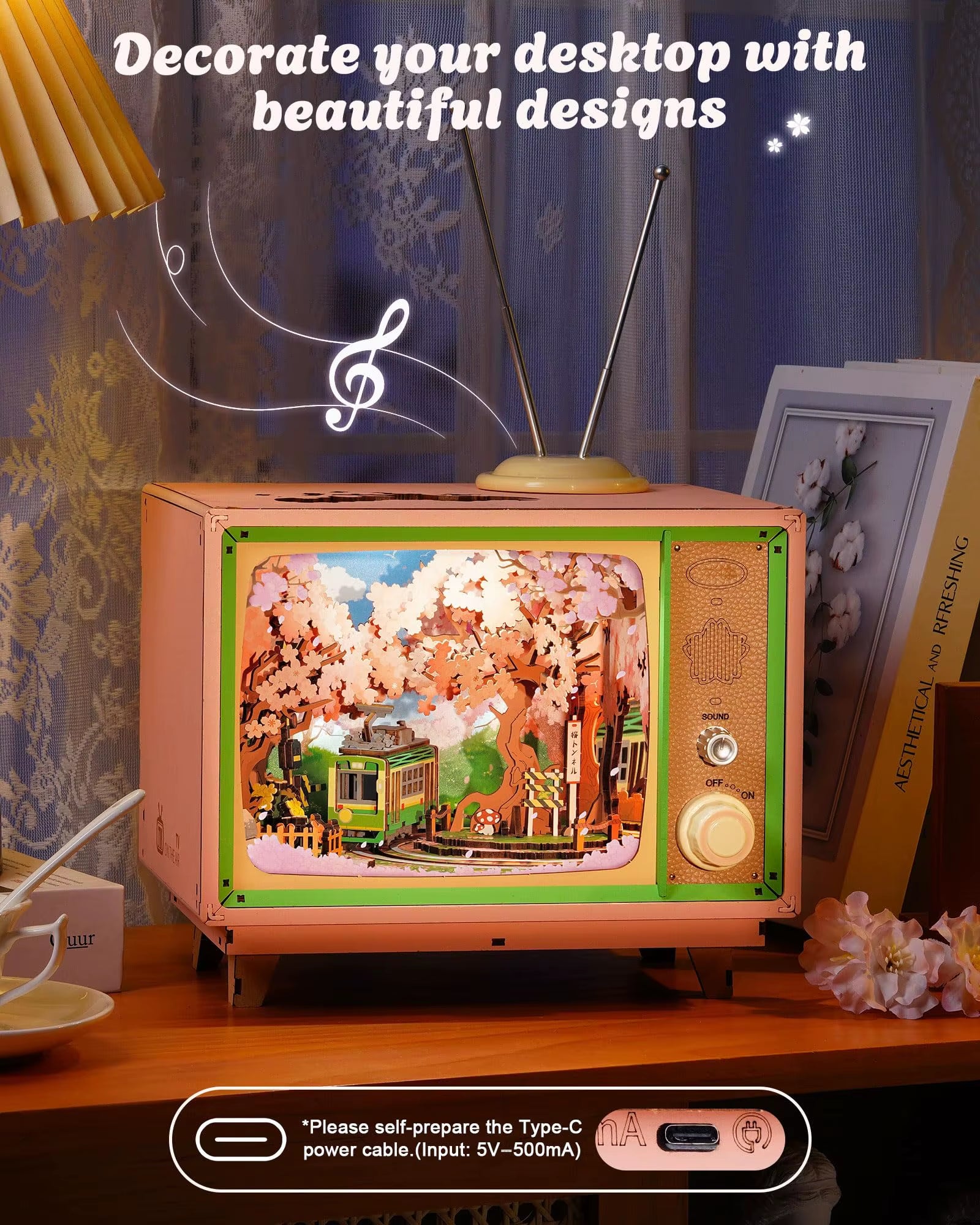 Rolife Sakura Dreamy Tour DIY Music Box 3D Wooden Puzzle with Lights Sakura Design Unique Home Decor Giftfor Kids