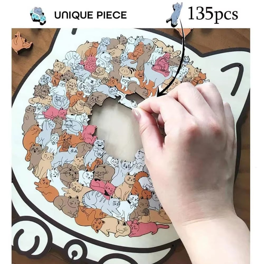135Pcs Cat-Shaped Wooden Puzzle Creative Gifts for Stress Relief Cat Lovers Puzzle Collectors Home Decor Cartoon Jigsaw Toys