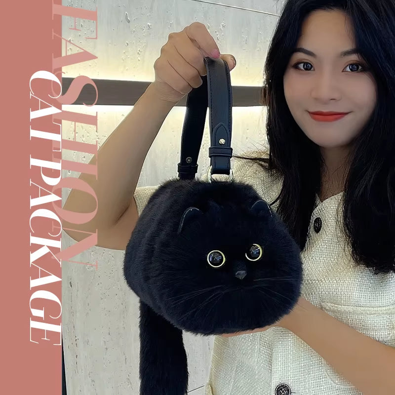 One Shoulder Bag Female Design Small Man Messenger Bag Versatile Hand Made Autumn and Winter Plush Cute Cat Bag