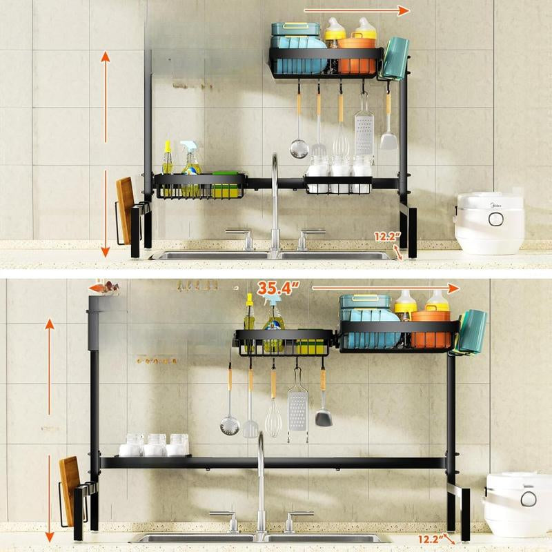 [New Deal] 4 Baskets over the Sink Dish Drying Rack, Extendable Large Capacity Sink Rack, Metal Drying Rack Saving Space,For Most Sinks (24.8 "-35.4")
