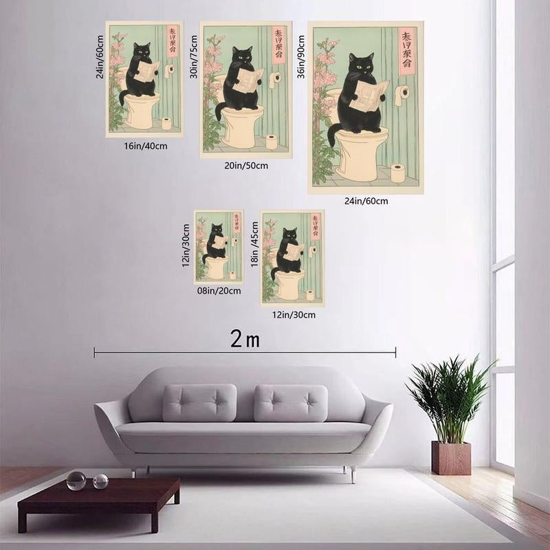 Japanese Black Cat on a Toilet Poster, Funny Bathroom Print, Toilet Poster, Japan Cat Wall Art, Aesthetic Minimalism, Neutral Japandi Print