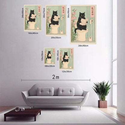 Japanese Black Cat on a Toilet Poster, Funny Bathroom Print, Toilet Poster, Japan Cat Wall Art, Aesthetic Minimalism, Neutral Japandi Print
