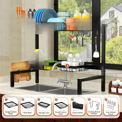 [New Deal] 4 Baskets over the Sink Dish Drying Rack, Extendable Large Capacity Sink Rack, Metal Drying Rack Saving Space,For Most Sinks (24.8 "-35.4")
