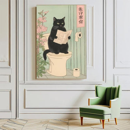 Japanese Black Cat on a Toilet Poster, Funny Bathroom Print, Toilet Poster, Japan Cat Wall Art, Aesthetic Minimalism, Neutral Japandi Print