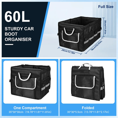 Car Trunk Organizer for SUV,  Collapsible Multi Compartments Trunk Vehicle Organizer, Waterproof Car Storage Organizer with Foldable Lid, Aluminium Handle, Non Slip Bottom (Black)