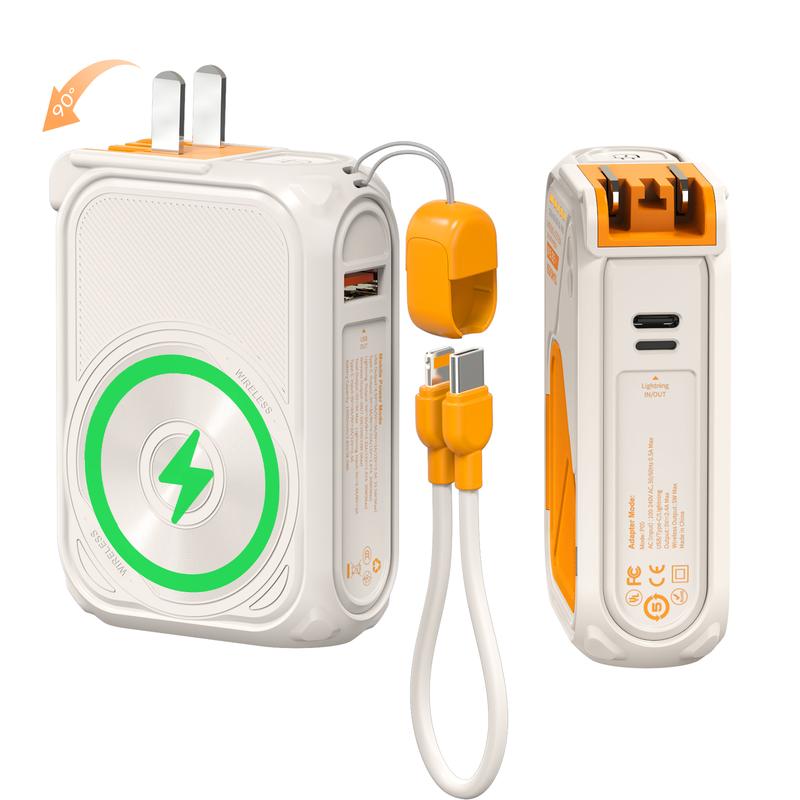 P05 Portable Charger, Magnetic Power Bank, Small Wireless Powerbank, Battery Pack10000Mah Travel Essentials Fast Charging with Built in Cable, Foldable Wall Plug for Iphone,Samsung,Andriod Folding Chargeable