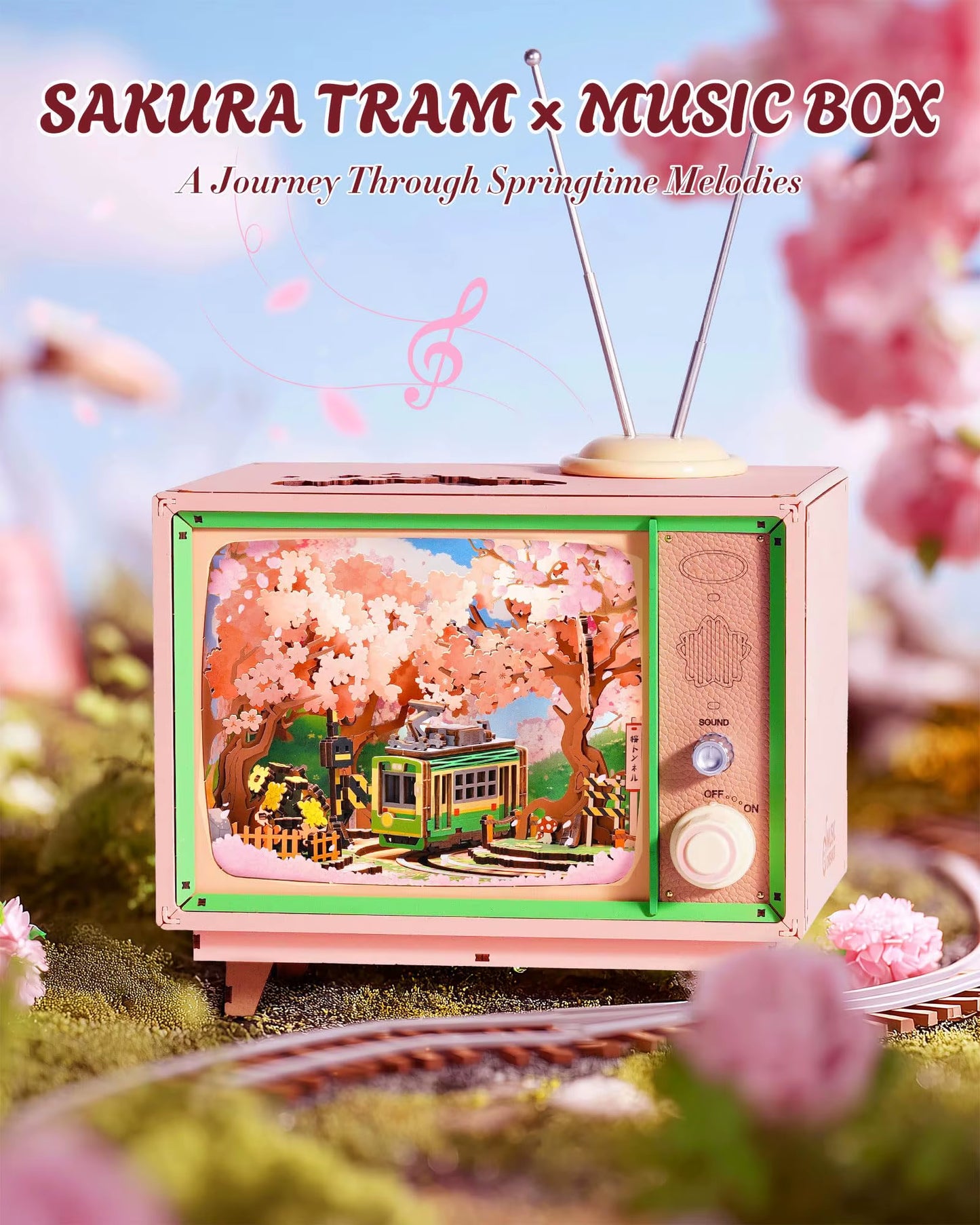 Rolife Sakura Dreamy Tour DIY Music Box 3D Wooden Puzzle with Lights Sakura Design Unique Home Decor Giftfor Kids