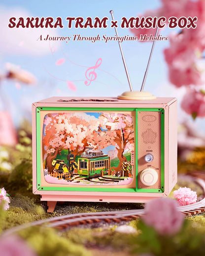 Rolife Sakura Dreamy Tour DIY Music Box 3D Wooden Puzzle with Lights Sakura Design Unique Home Decor Giftfor Kids