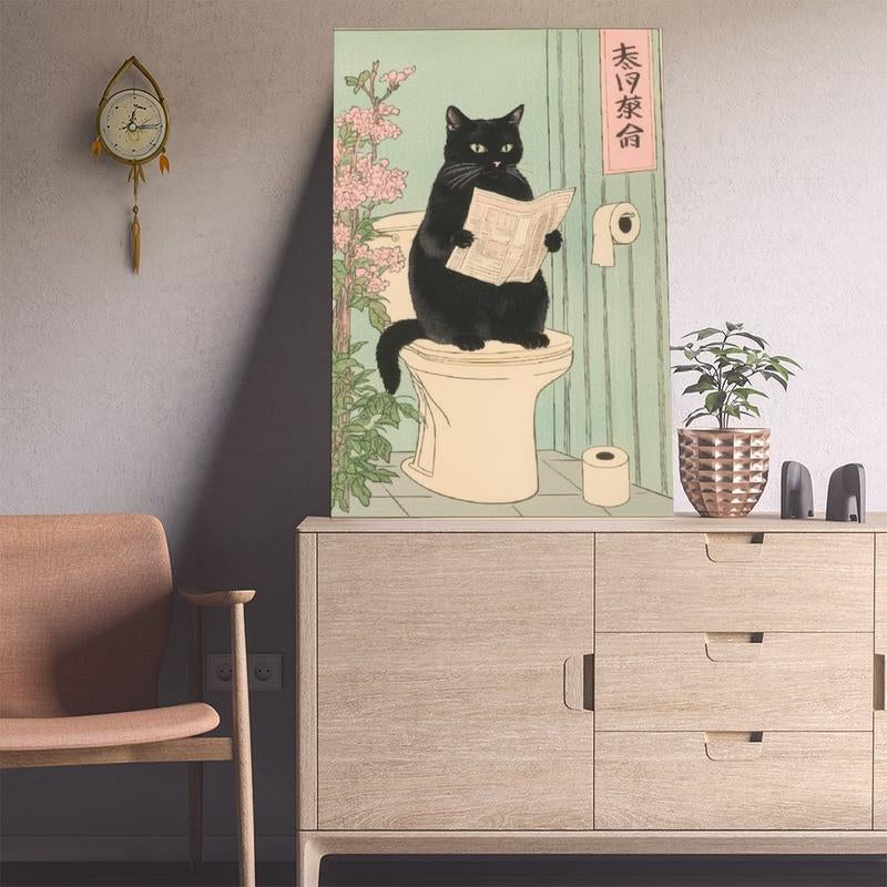 Japanese Black Cat on a Toilet Poster, Funny Bathroom Print, Toilet Poster, Japan Cat Wall Art, Aesthetic Minimalism, Neutral Japandi Print