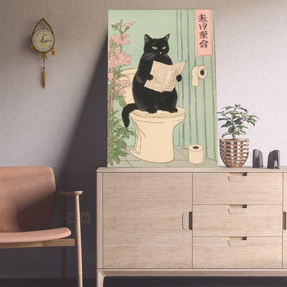 Japanese Black Cat on a Toilet Poster, Funny Bathroom Print, Toilet Poster, Japan Cat Wall Art, Aesthetic Minimalism, Neutral Japandi Print