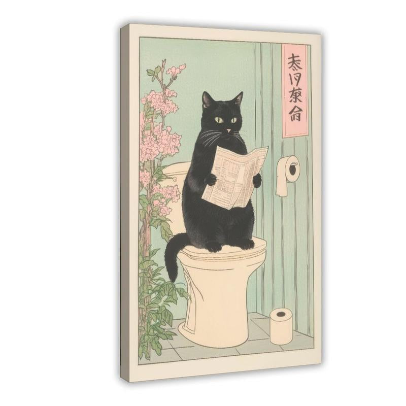 Japanese Black Cat on a Toilet Poster, Funny Bathroom Print, Toilet Poster, Japan Cat Wall Art, Aesthetic Minimalism, Neutral Japandi Print