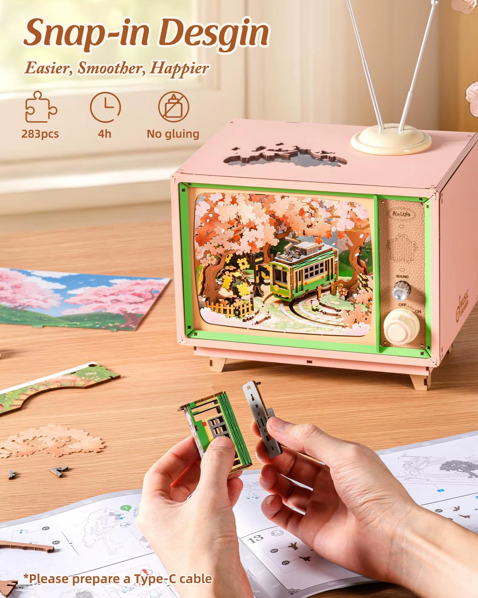 Rolife Sakura Dreamy Tour DIY Music Box 3D Wooden Puzzle with Lights Sakura Design Unique Home Decor Giftfor Kids