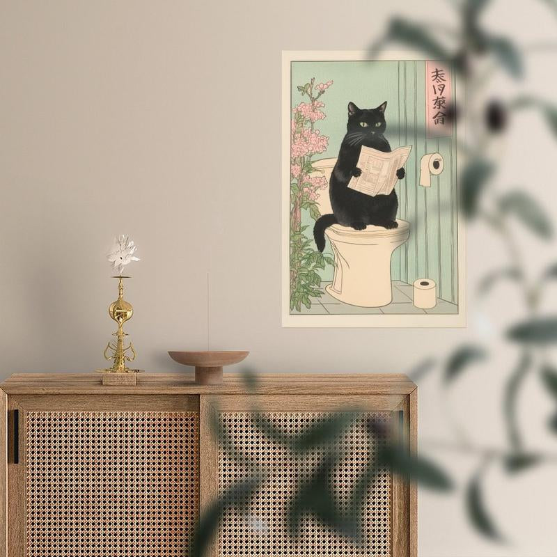 Japanese Black Cat on a Toilet Poster, Funny Bathroom Print, Toilet Poster, Japan Cat Wall Art, Aesthetic Minimalism, Neutral Japandi Print