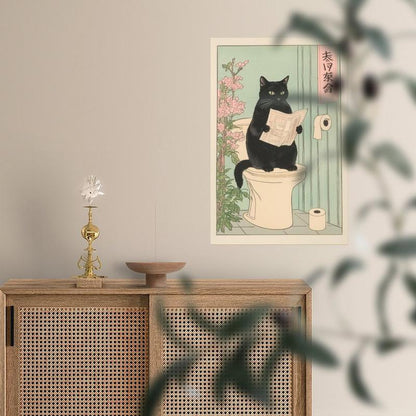 Japanese Black Cat on a Toilet Poster, Funny Bathroom Print, Toilet Poster, Japan Cat Wall Art, Aesthetic Minimalism, Neutral Japandi Print