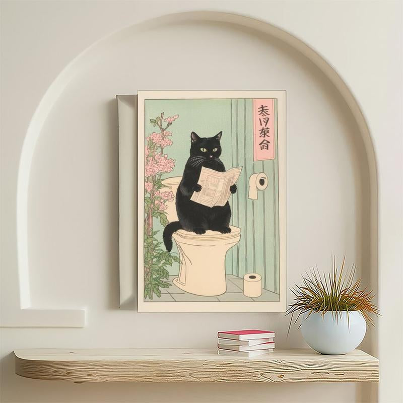 Japanese Black Cat on a Toilet Poster, Funny Bathroom Print, Toilet Poster, Japan Cat Wall Art, Aesthetic Minimalism, Neutral Japandi Print