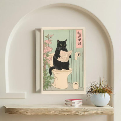 Japanese Black Cat on a Toilet Poster, Funny Bathroom Print, Toilet Poster, Japan Cat Wall Art, Aesthetic Minimalism, Neutral Japandi Print