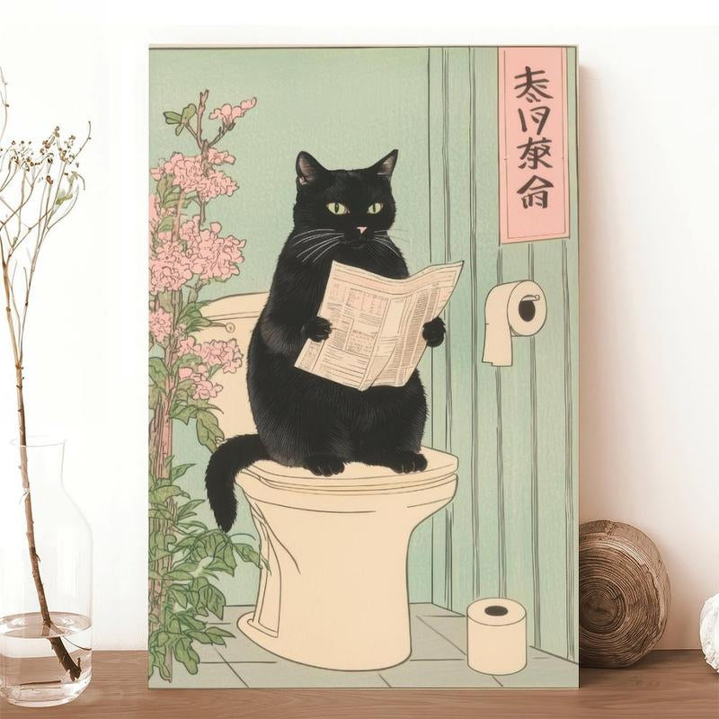 Japanese Black Cat on a Toilet Poster, Funny Bathroom Print, Toilet Poster, Japan Cat Wall Art, Aesthetic Minimalism, Neutral Japandi Print