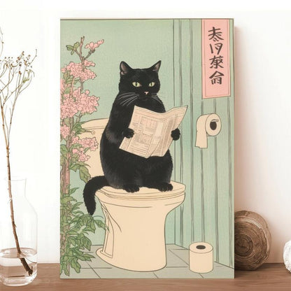 Japanese Black Cat on a Toilet Poster, Funny Bathroom Print, Toilet Poster, Japan Cat Wall Art, Aesthetic Minimalism, Neutral Japandi Print