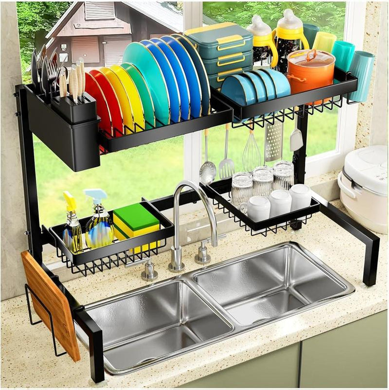[New Deal] 4 Baskets over the Sink Dish Drying Rack, Extendable Large Capacity Sink Rack, Metal Drying Rack Saving Space,For Most Sinks (24.8 "-35.4")