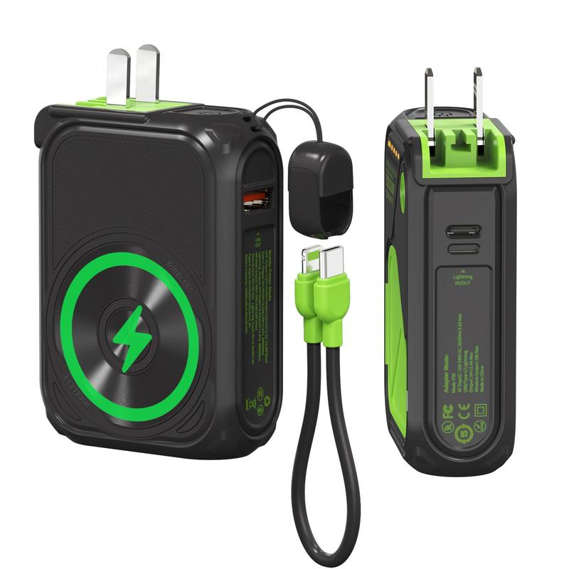 P05 Portable Charger, Magnetic Power Bank, Small Wireless Powerbank, Battery Pack10000Mah Travel Essentials Fast Charging with Built in Cable, Foldable Wall Plug for Iphone,Samsung,Andriod Folding Chargeable