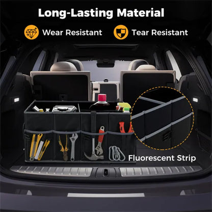 13 Gallon Car Trunk Organizer - 3 Compartments+6 Pockets, 600D Oxford Fabric, Non-Slip Base, Black