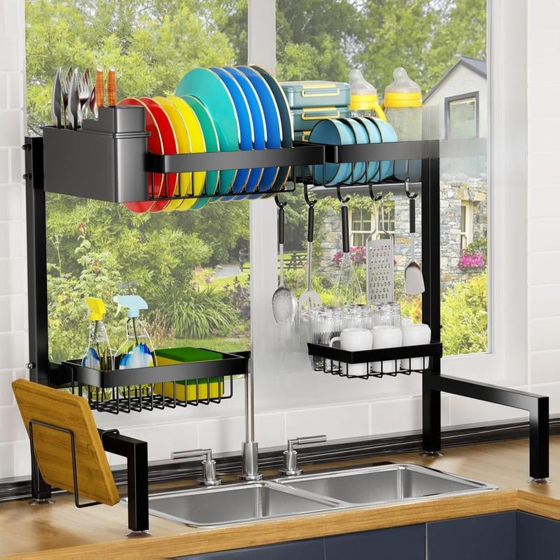 [New Deal] 4 Baskets over the Sink Dish Drying Rack, Extendable Large Capacity Sink Rack, Metal Drying Rack Saving Space,For Most Sinks (24.8 "-35.4")