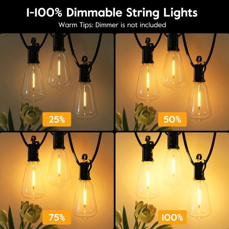Brightown Outdoor String Lights with Shatterproof ST38 Dimmable Edison Bulbs, Waterproof, 2700K Warm Light, Perfect for Backyard, Patio, Garden, Deck, Party, and Xmas Decor, Great Gift Idea Led Lighting