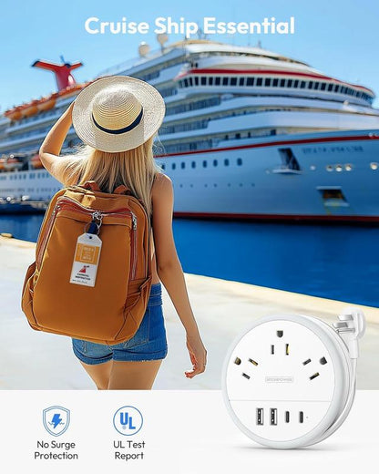 Travel Power Strip NTONPOWER, Cruise Approved Power Strip with 3 Outlets 4 USB Ports(2 USB C), 4FT Wrapped around Flat Extension Cord, Portable Power Strip for Travel Cruise Ship Essentials White